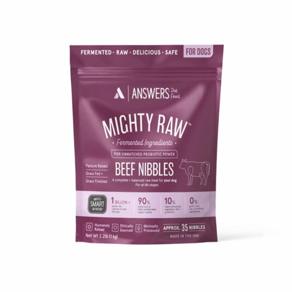 Package of Answers Mighty Raw Beef Nibbles for dogs on a white background