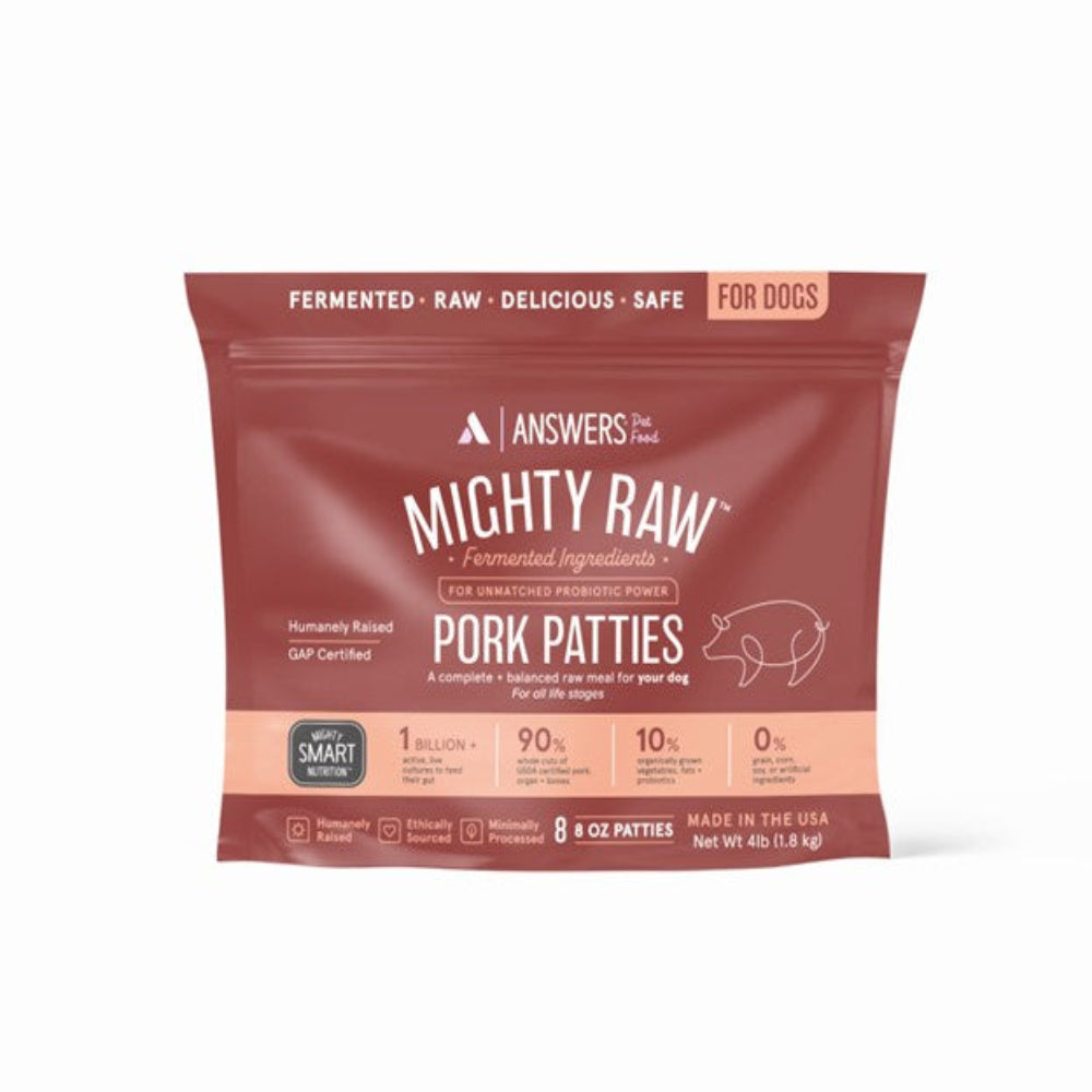 Package of Answers Mighty Raw Pork Patties for dogs on a white background