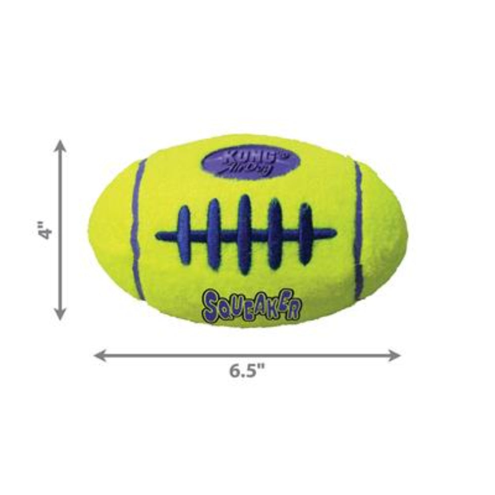 Dog toy resembling a football with KONG branding and dimensions on a white background