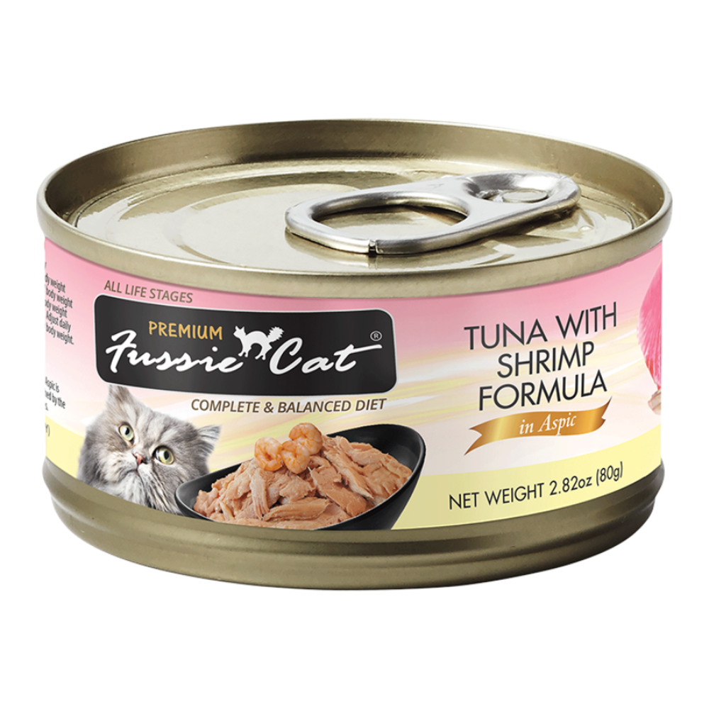 Can of Fussie Cat tuna with shrimp formula on a white background