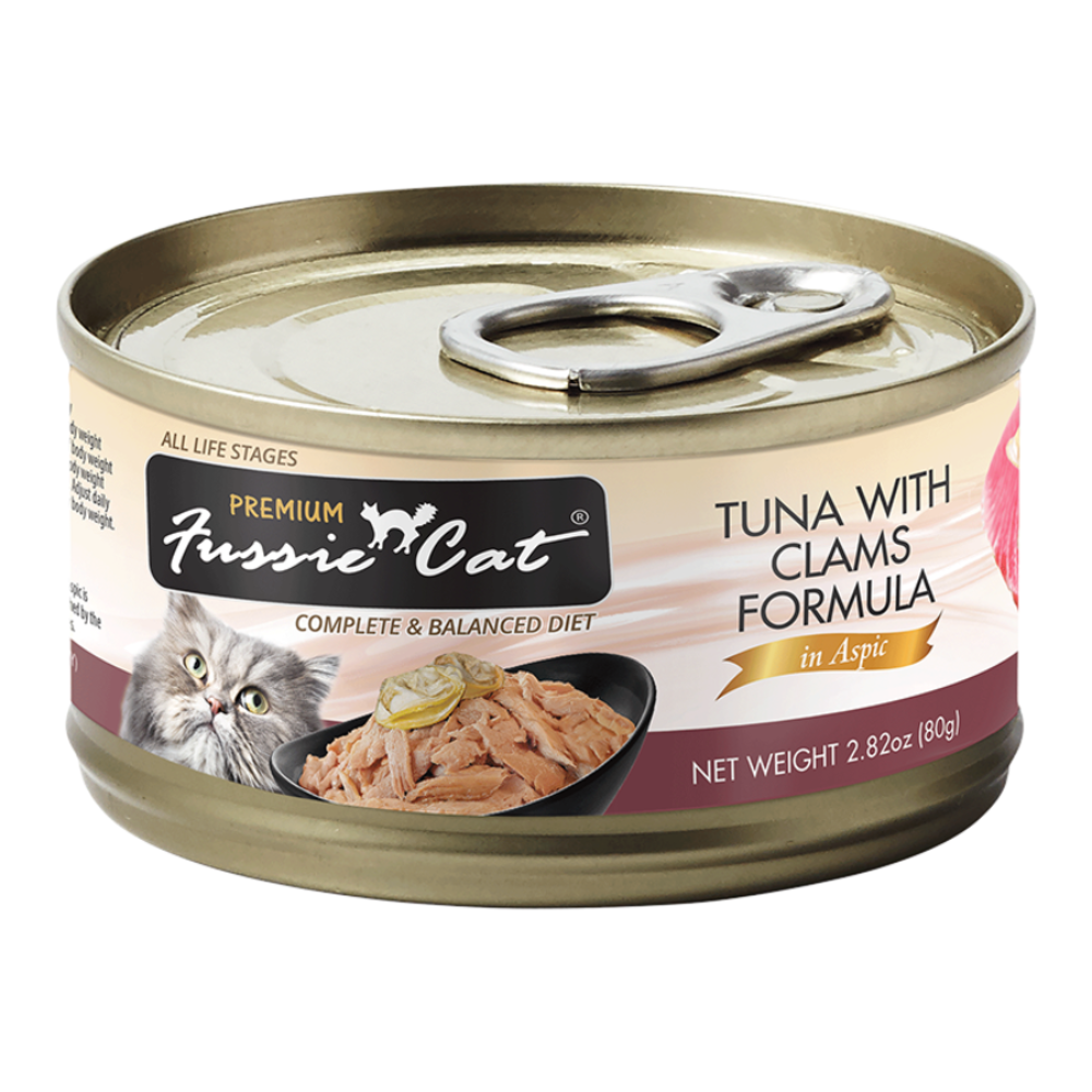 Fussie Cat tuna with clams formula can on a white background