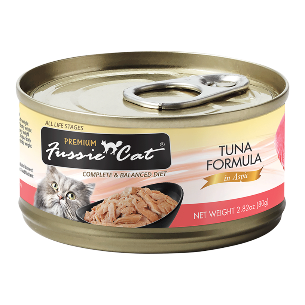 Fussie Cat tuna formula can for cats on a white background