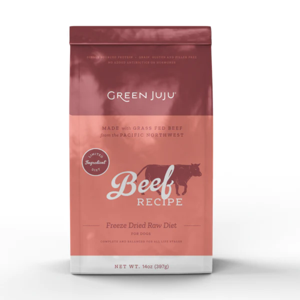 Bag of Green Juju Beef Recipe freeze-dried raw diet for dogs on a white background