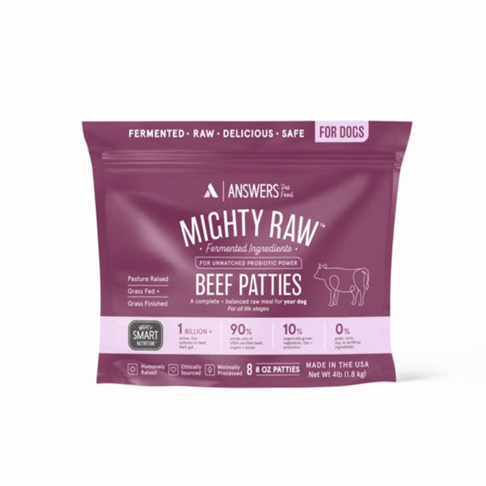Package of Answers Mighty Raw Beef Patties for dogs on a white background