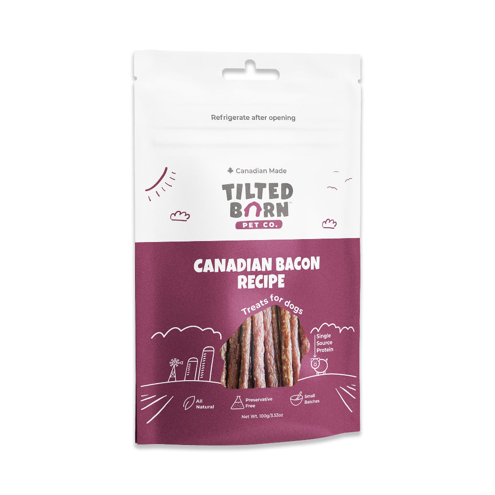 Tilted Barn Pet Co. dog treat package with Canadian Bacon recipe on a white background