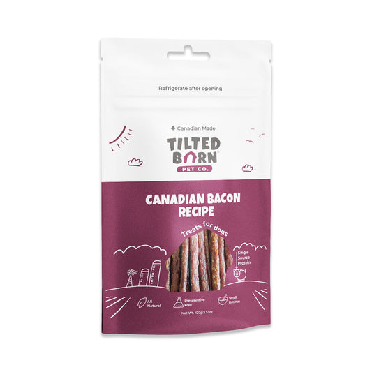 Tilted Barn Pet Co. dog treat package with Canadian Bacon recipe on a white background
