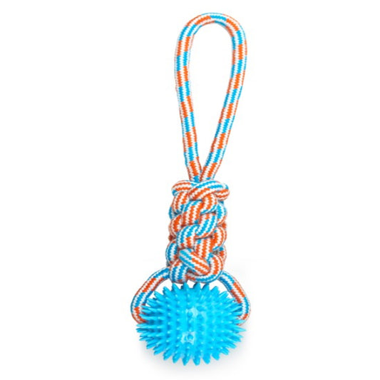 Dog toy with blue ball and orange and blue rope on a white background
