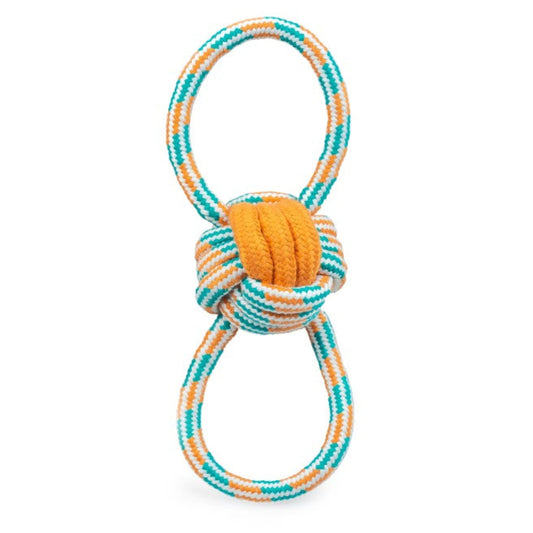 Dog toy with knotted rope and orange center on a white background