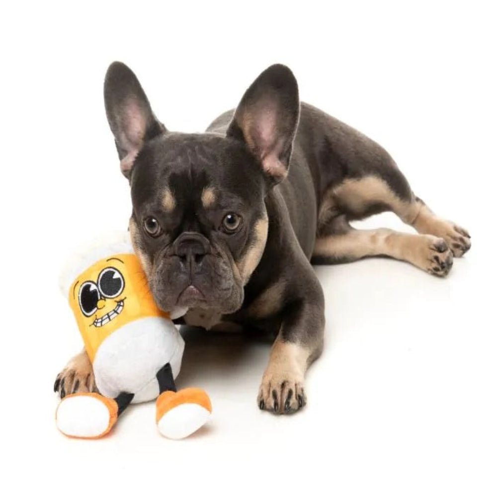 Dog lying next to a plush toy on a white background