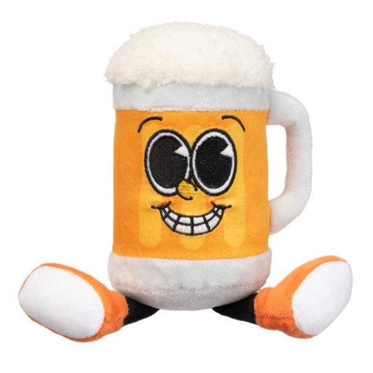 Plush toy resembling a beer mug with a smiling face on a white background