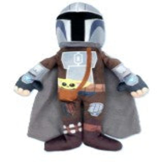 Plush toy resembling a character from a science fiction franchise, wearing a cape and helmet.