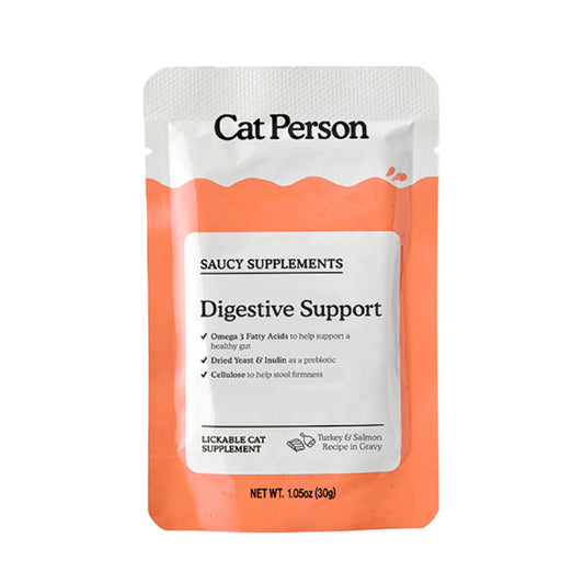 Cat Person saucy supplement package for digestive support on a white background