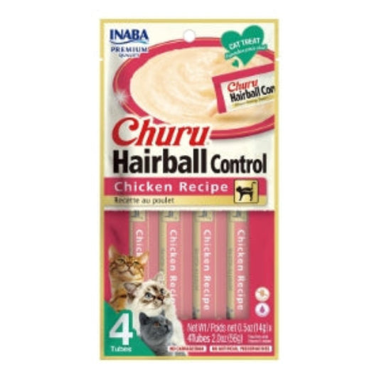 Churu Hairball Control cat supplement packaging with chicken recipe on a white background