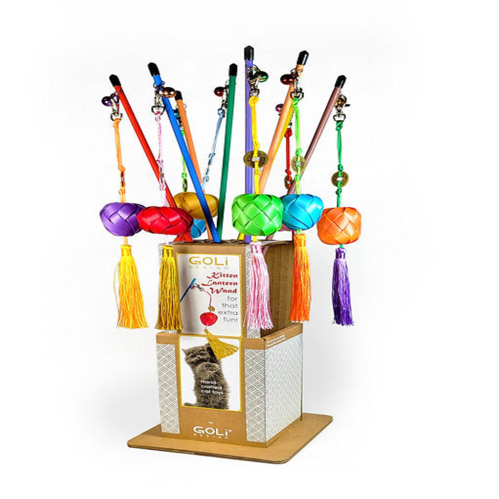 Colorful cat toy set with various hanging toys on a stand, featuring the brand 'Goli'.
