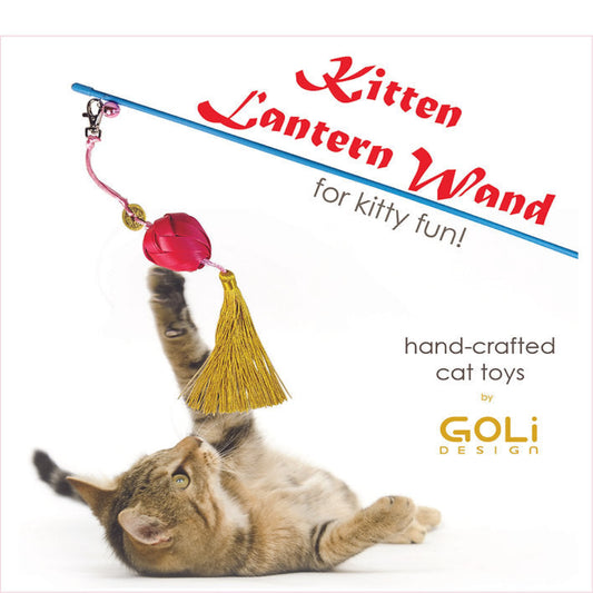 Cat toy with a red ball and yellow tassel, labeled 'Kitten Lantern Wand' by Goli Design.